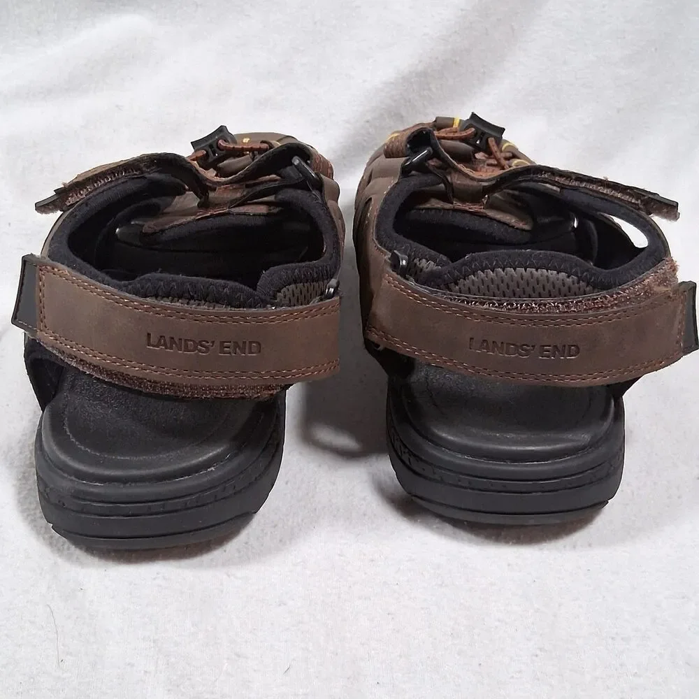 Lands' End Men 9D Brown Sport Sandals Closed Toe Hiking Water Shoes Bungee Laces